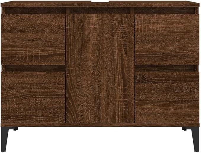 Brown Oak Under Sink Bathroom Cabinet 80cm Modern Vanity Unit with Drawers - Kwikley