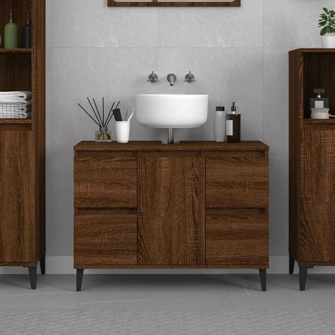 Brown Oak Under Sink Bathroom Cabinet 80cm Modern Vanity Unit with Drawers - Kwikley