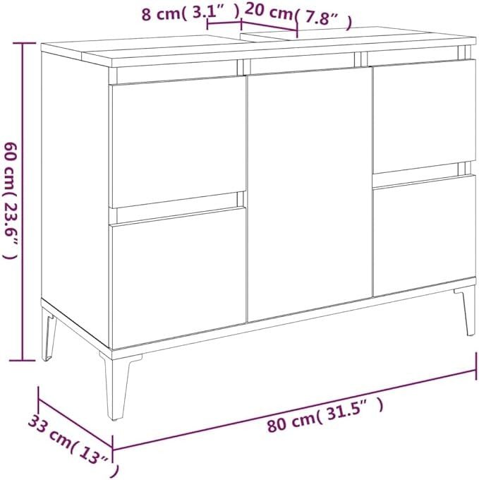 Brown Oak Under Sink Bathroom Cabinet 80cm Modern Vanity Unit with Drawers - Kwikley