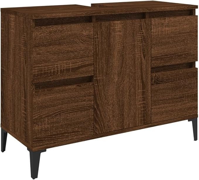 Brown Oak Under Sink Bathroom Cabinet 80cm Modern Vanity Unit with Drawers - Kwikley