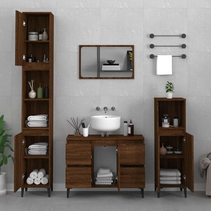 Brown Oak Under Sink Bathroom Cabinet 80cm Modern Vanity Unit with Drawers - Kwikley