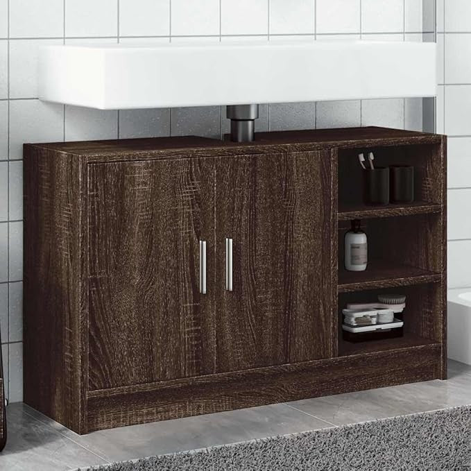 Brown Oak Under Sink Cabinet 90cm Storage Cupboard with Shelves Bathroom Unit - Kwikley