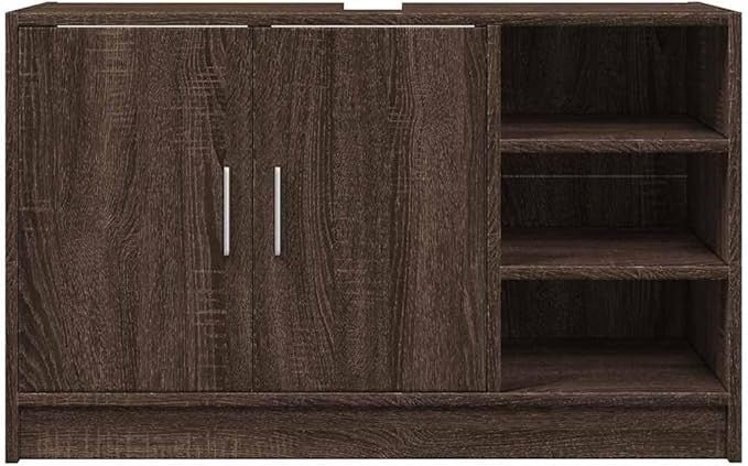 Brown Oak Under Sink Cabinet 90cm Storage Cupboard with Shelves Bathroom Unit - Kwikley