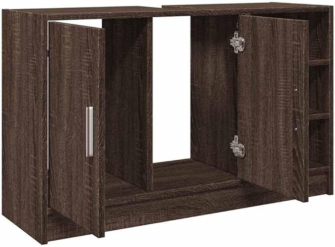 Brown Oak Under Sink Cabinet 90cm Storage Cupboard with Shelves Bathroom Unit - Kwikley