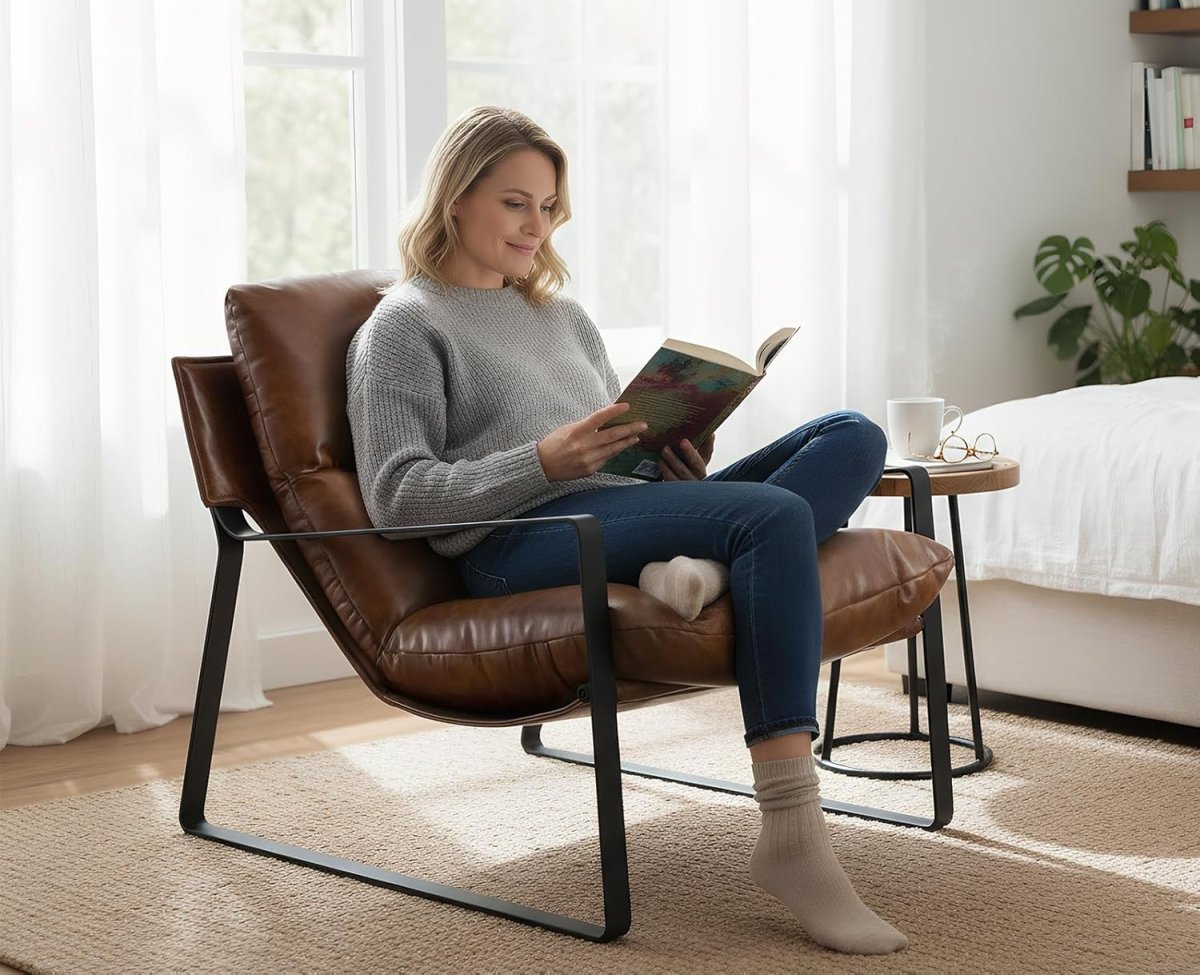 Brown PU Leather Accent Chair Industrial Metal Frame Lounge Seat - Kwikley