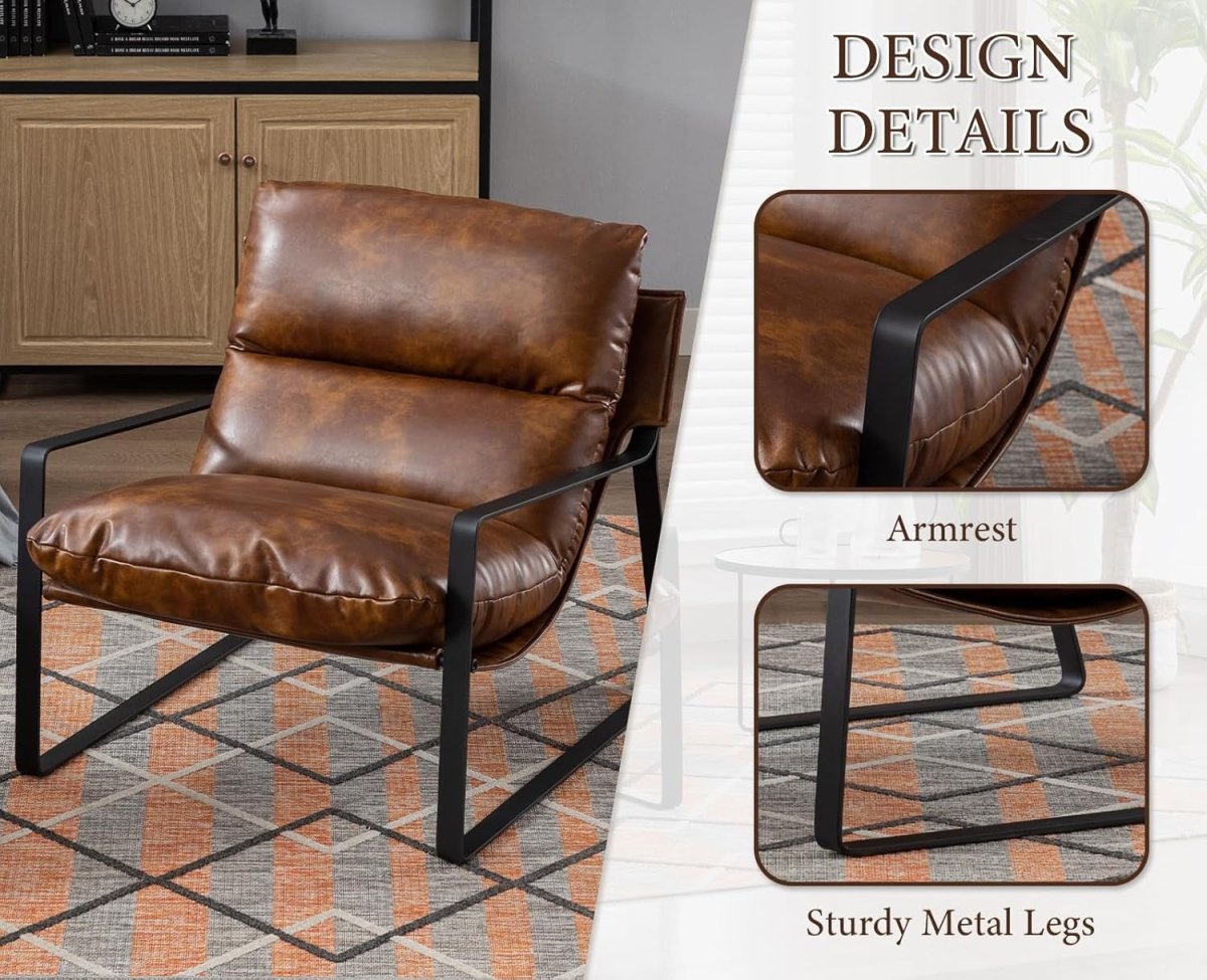 Brown PU Leather Accent Chair Industrial Metal Frame Lounge Seat - Kwikley