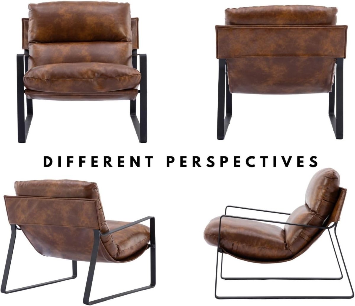 Brown PU Leather Accent Chair Industrial Metal Frame Lounge Seat - Kwikley