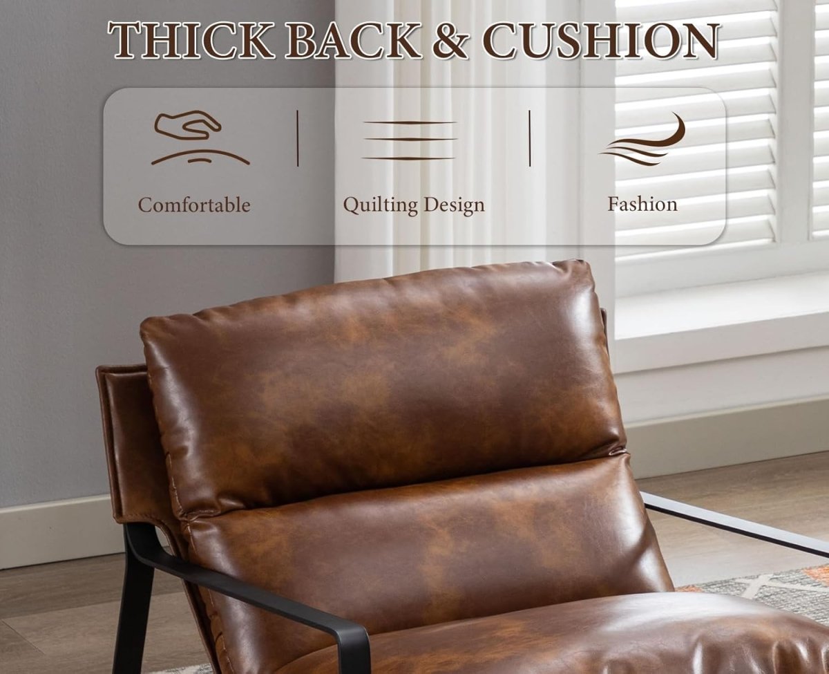 Brown PU Leather Accent Chair Industrial Metal Frame Lounge Seat - Kwikley