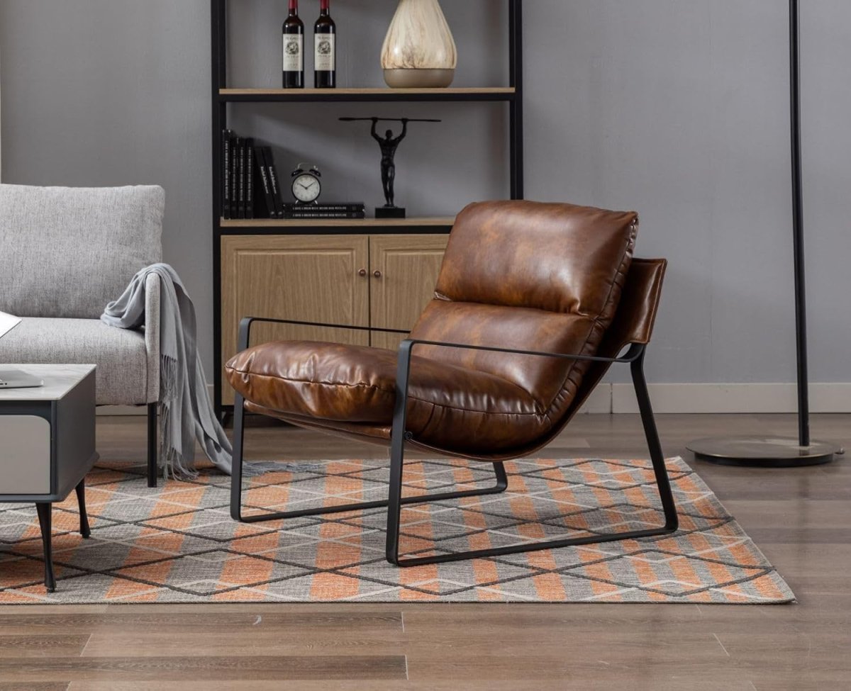 Brown PU Leather Accent Chair Industrial Metal Frame Lounge Seat - Kwikley