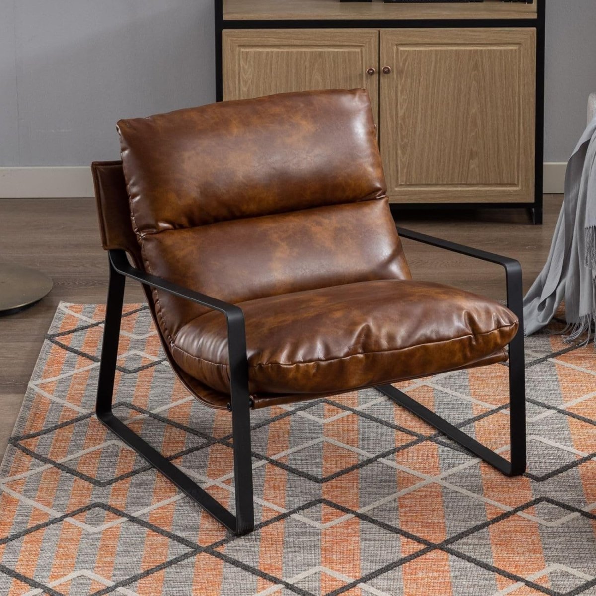 Brown PU Leather Accent Chair Industrial Metal Frame Lounge Seat - Kwikley