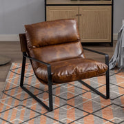 Brown PU Leather Accent Chair Industrial Metal Frame Lounge Seat - Kwikley