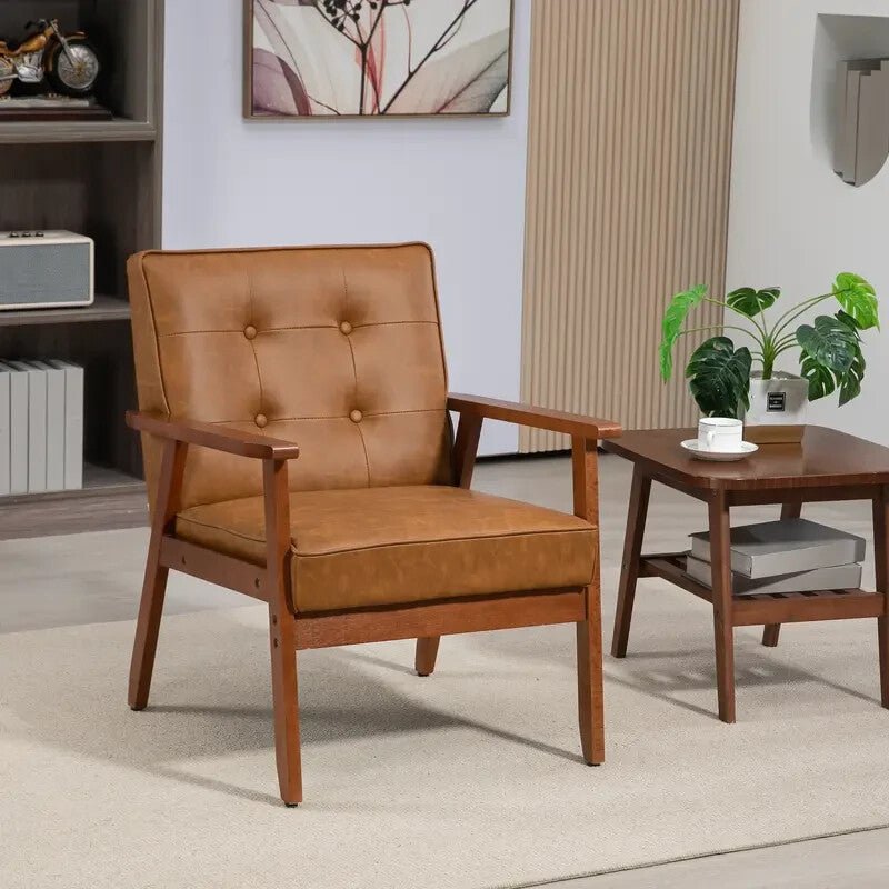 Brown PU Leather Armchair Retro Accent Chair with Wooden Frame 200kg - Kwikley