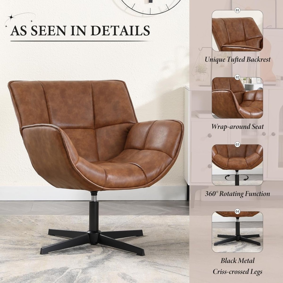 Brown PU Leather Swivel Accent Chair 360° Tub Armchair - Kwikley