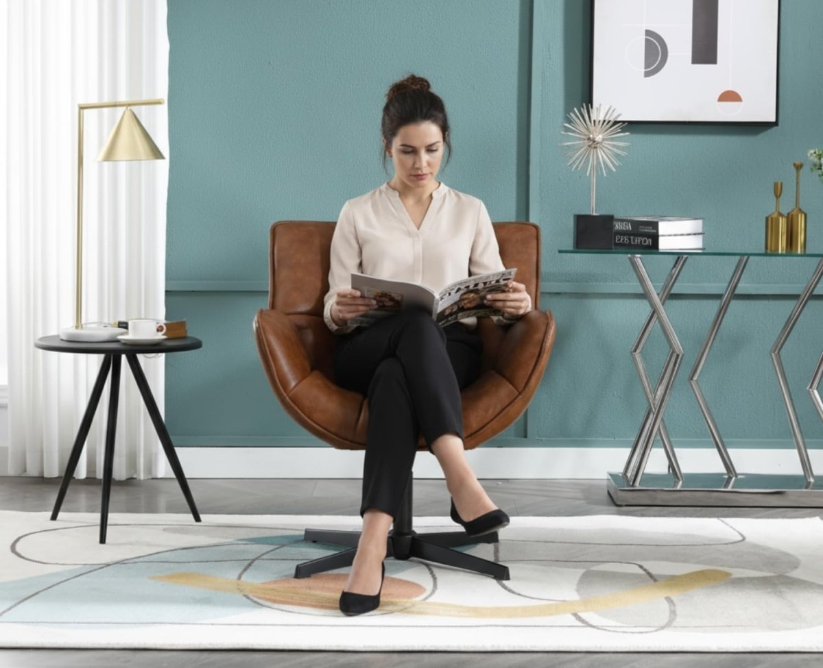 Brown PU Leather Swivel Accent Chair 360° Tub Armchair - Kwikley