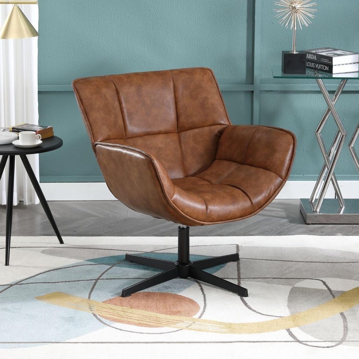 Brown PU Leather Swivel Accent Chair 360° Tub Armchair - Kwikley