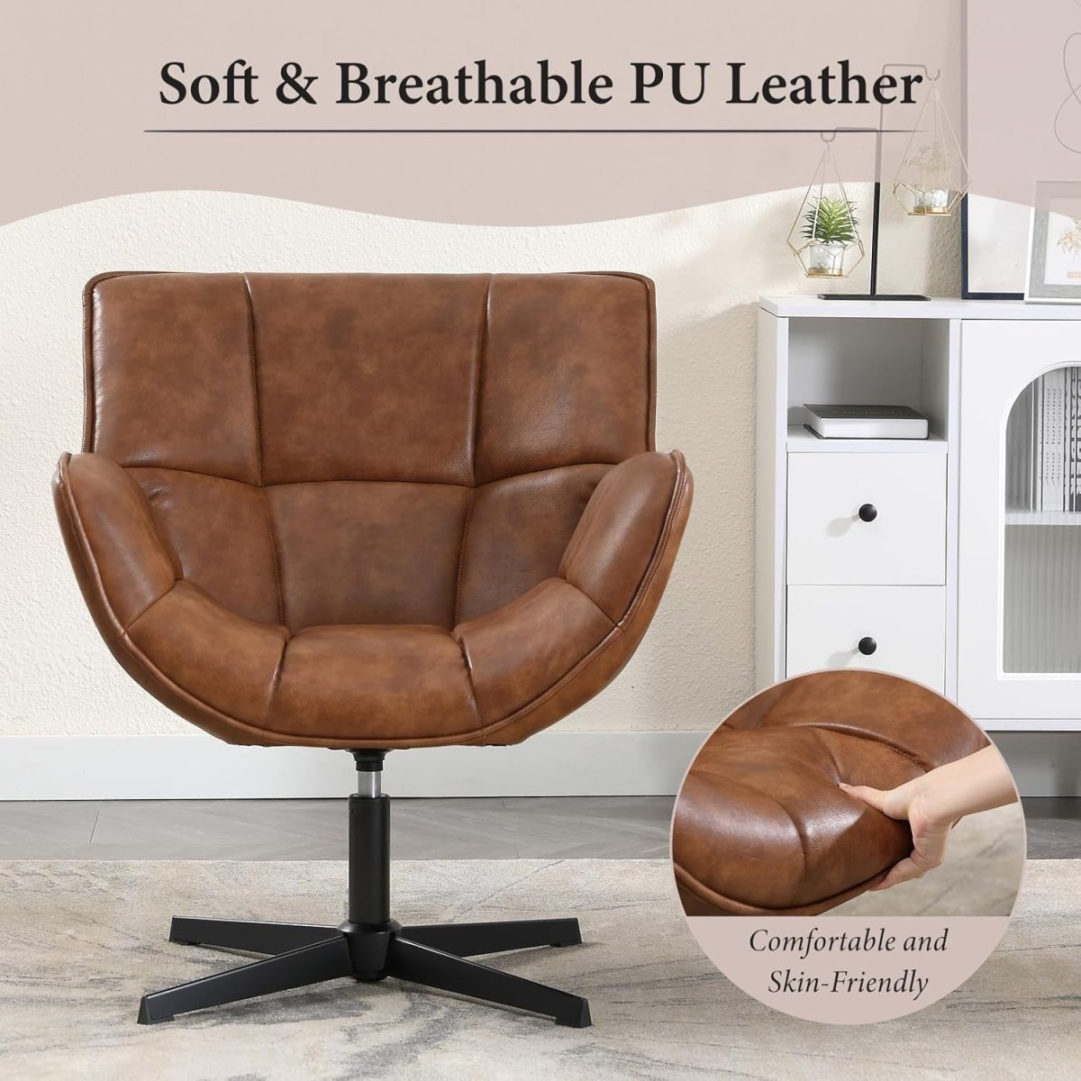 Brown PU Leather Swivel Accent Chair 360° Tub Armchair - Kwikley