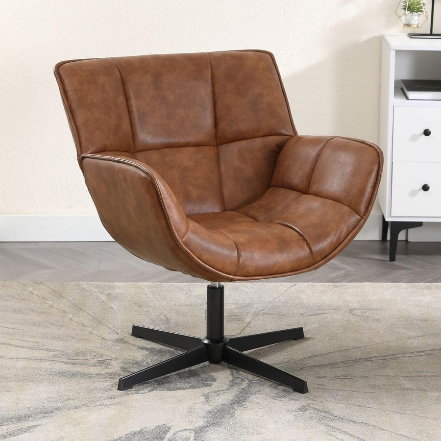 Brown PU Leather Swivel Accent Chair 360° Tub Armchair - Kwikley