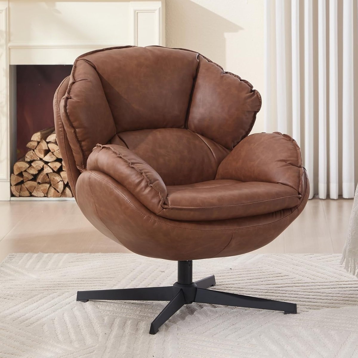 Brown PU Leather Swivel Accent Chair 360° Tub Armchair Reading Seat - Kwikley