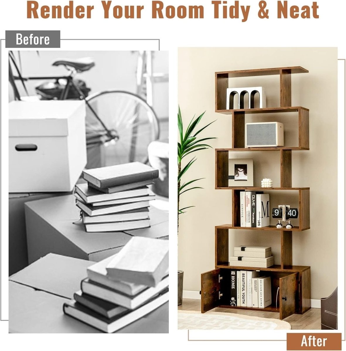 Brown S - Shaped 6 Tier Bookcase Tall Freestanding Shelving Unit with Cabinet - Kwikley