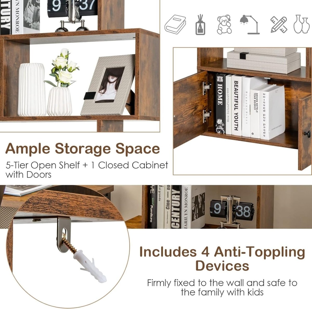 Brown S - Shaped 6 Tier Bookcase Tall Freestanding Shelving Unit with Cabinet - Kwikley
