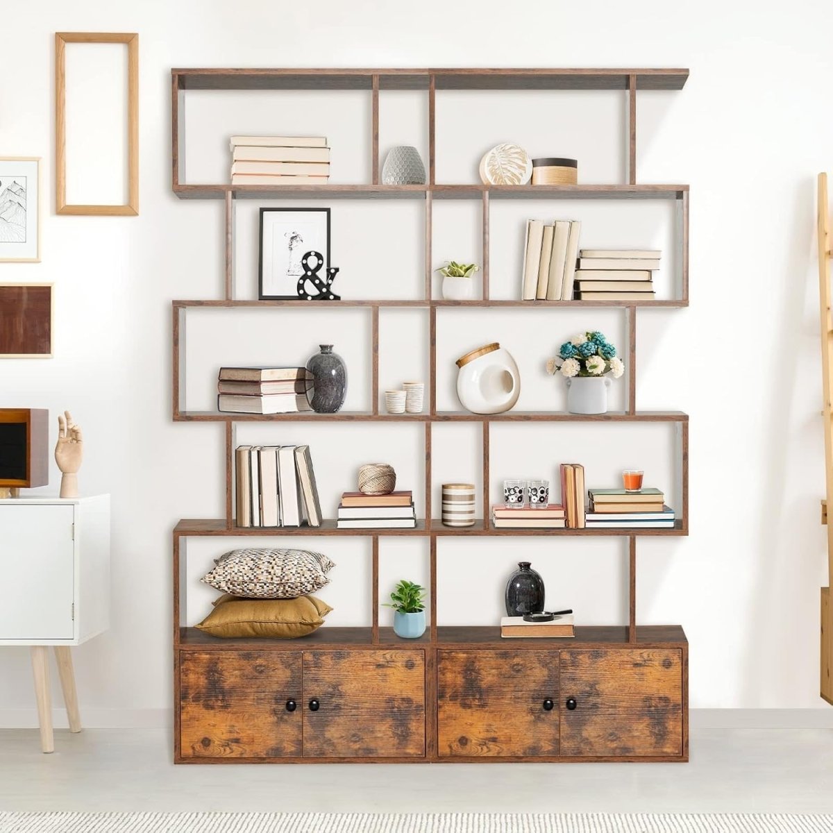 Brown S - Shaped 6 Tier Bookcase Tall Freestanding Shelving Unit with Cabinet - Kwikley
