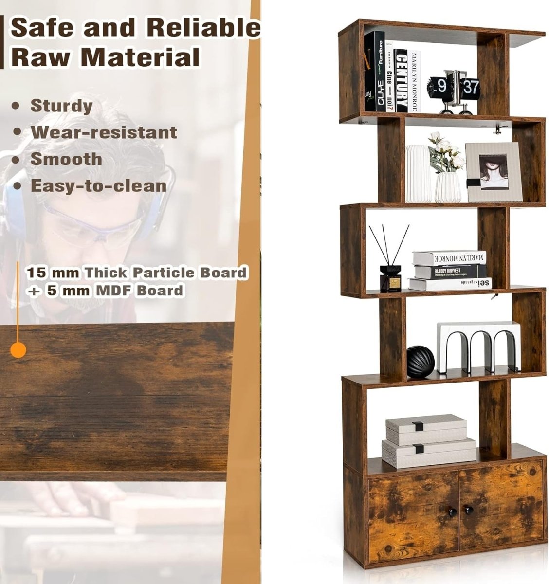 Brown S - Shaped 6 Tier Bookcase Tall Freestanding Shelving Unit with Cabinet - Kwikley