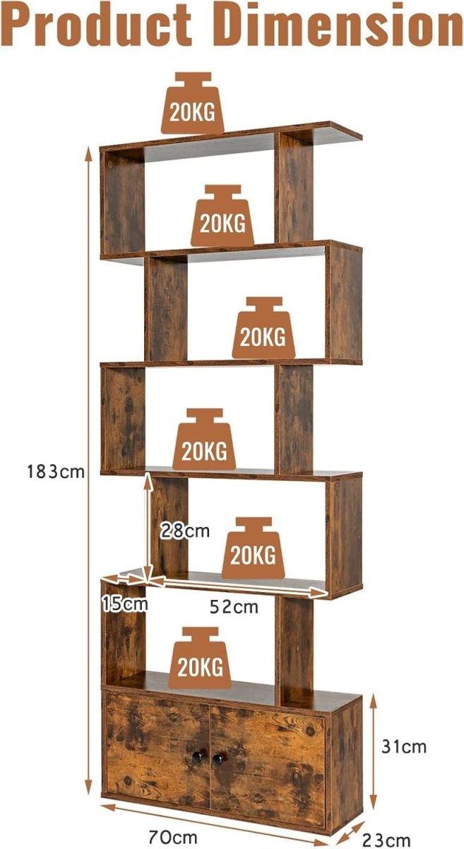 Brown S - Shaped 6 Tier Bookcase Tall Freestanding Shelving Unit with Cabinet - Kwikley