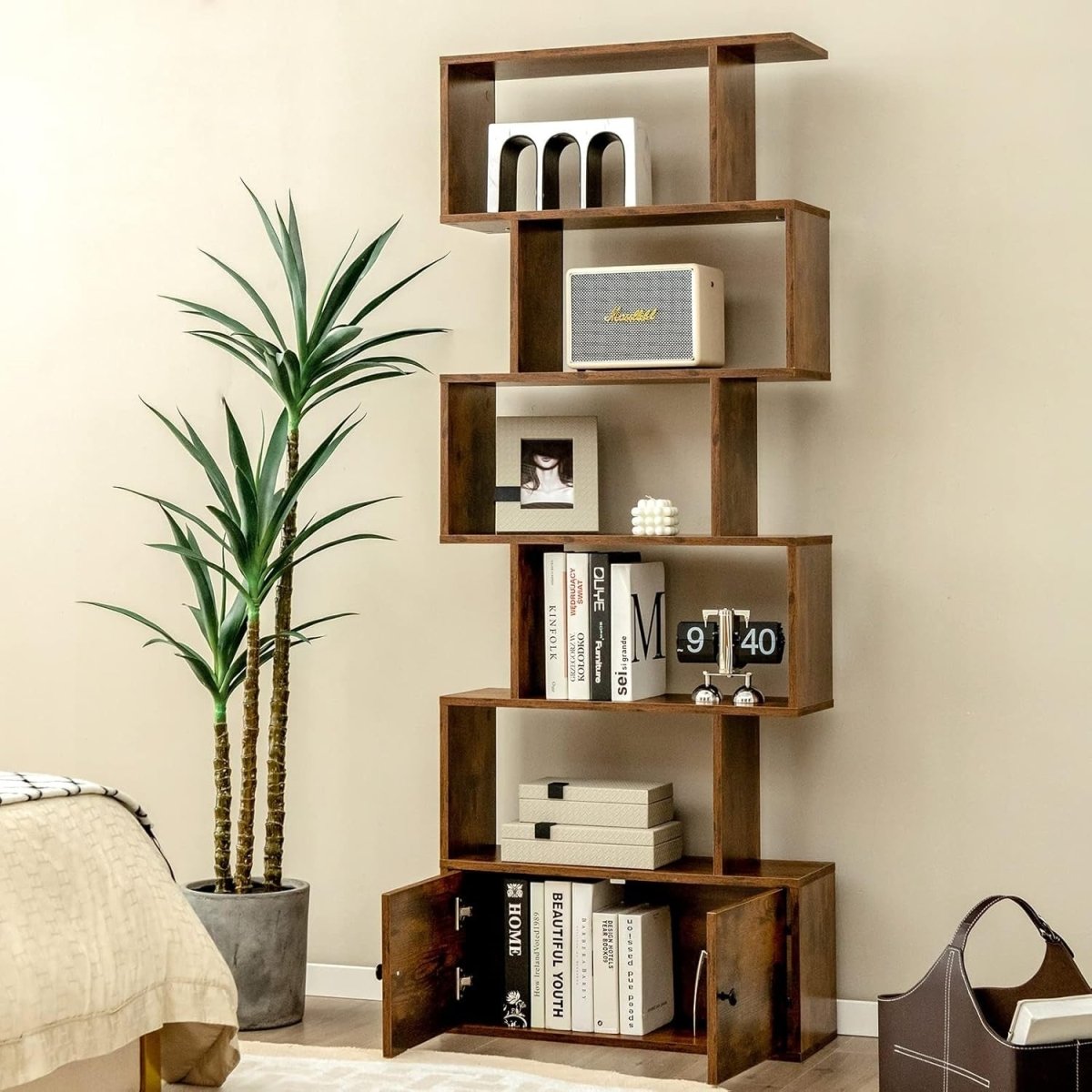Brown S - Shaped 6 Tier Bookcase Tall Freestanding Shelving Unit with Cabinet - Kwikley