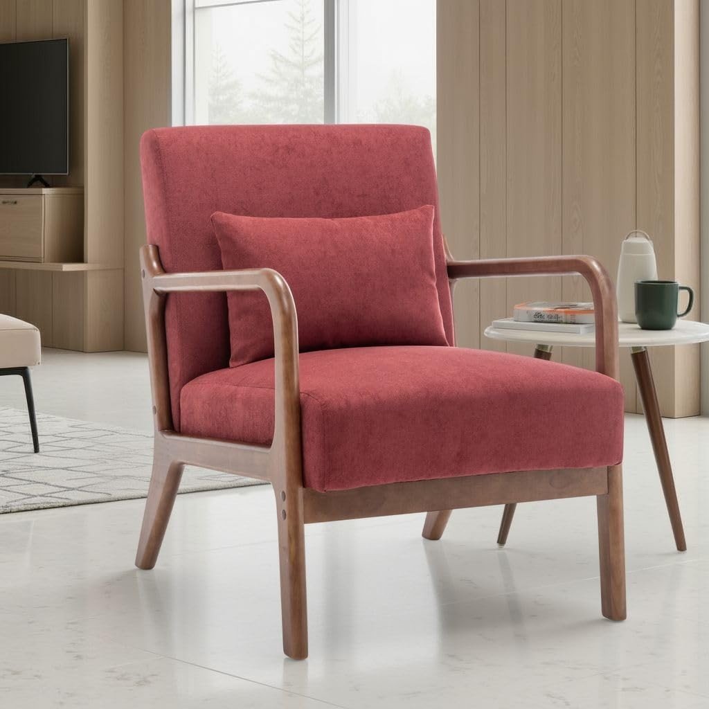 Burgundy Cotton Accent Chair – Solid Wood Armchair w/ Lumbar Cushion - Kwikley