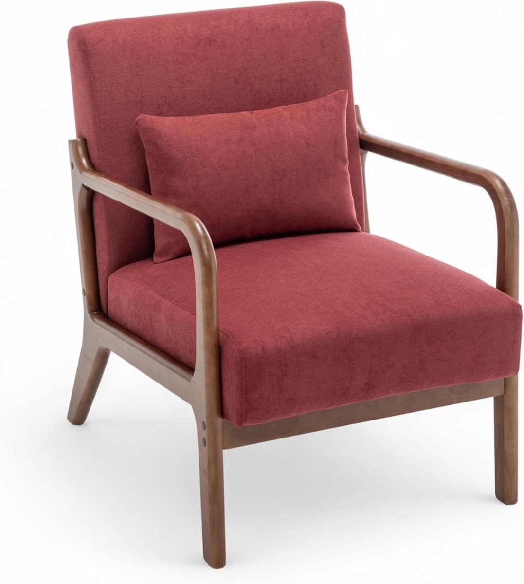 Burgundy Cotton Accent Chair – Solid Wood Armchair w/ Lumbar Cushion - Kwikley