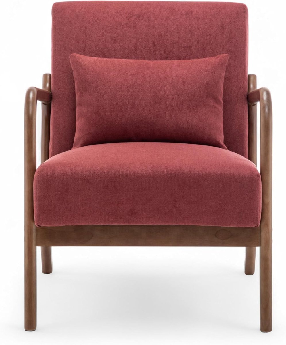 Burgundy Cotton Accent Chair – Solid Wood Armchair w/ Lumbar Cushion - Kwikley