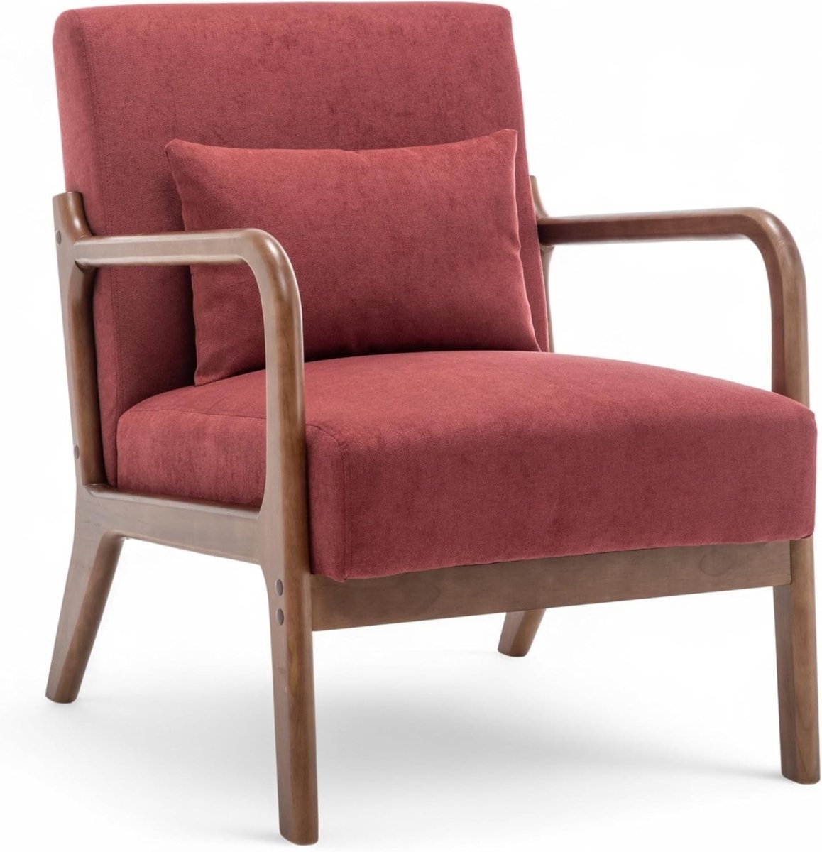 Burgundy Cotton Accent Chair – Solid Wood Armchair w/ Lumbar Cushion - Kwikley