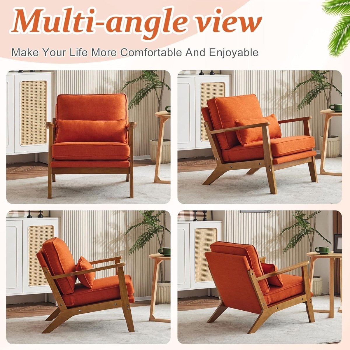 Burnt Orange Fabric Accent Chair – Solid Wood Lounge Armchair - Kwikley