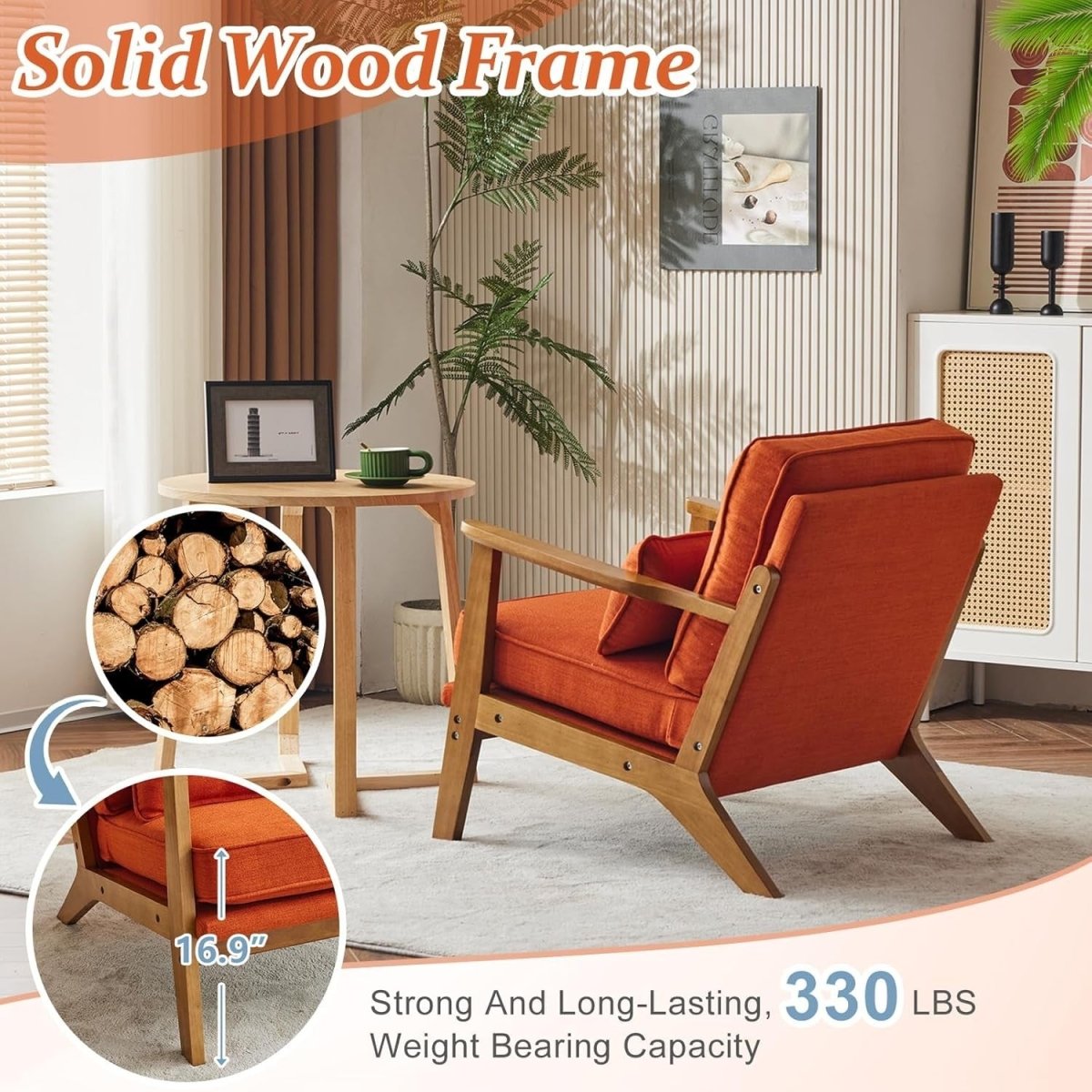 Burnt Orange Fabric Accent Chair – Solid Wood Lounge Armchair - Kwikley