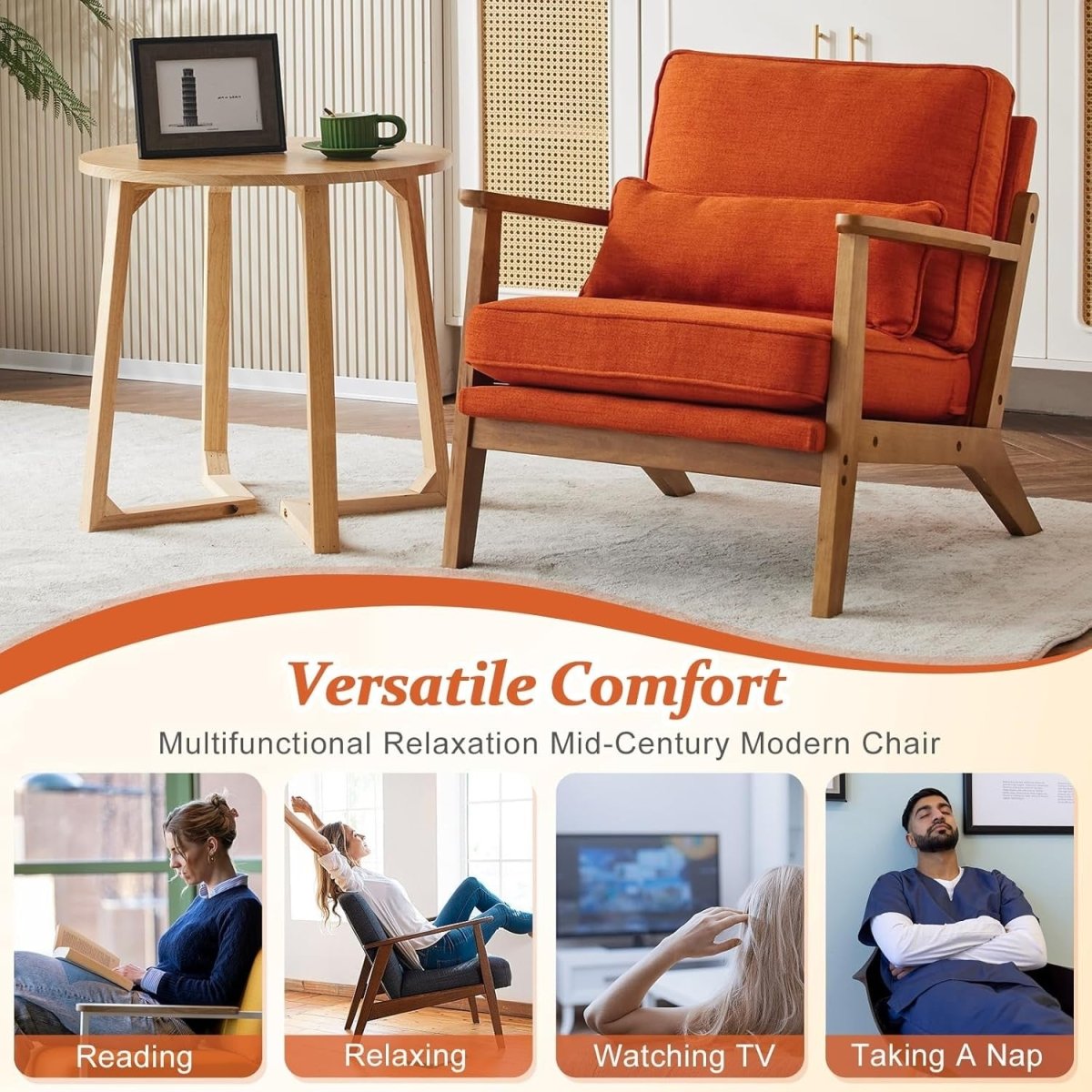 Burnt Orange Fabric Accent Chair – Solid Wood Lounge Armchair - Kwikley