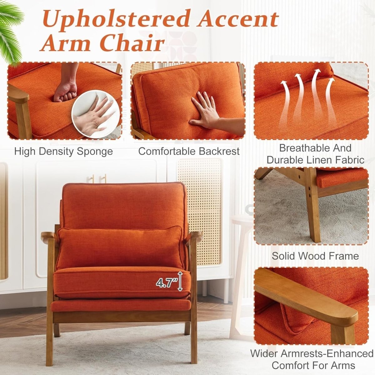 Burnt Orange Fabric Accent Chair – Solid Wood Lounge Armchair - Kwikley