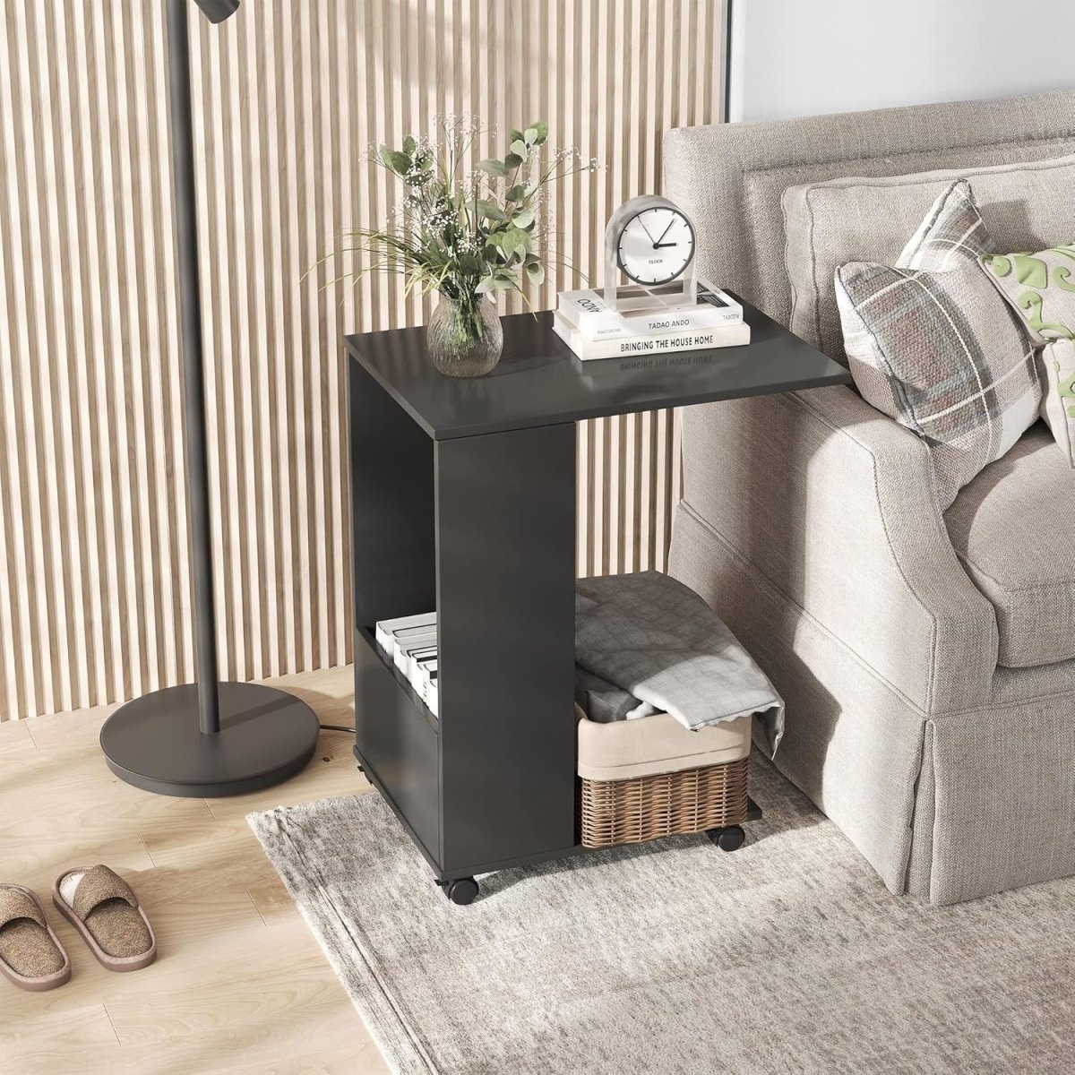 C - Shape Sofa Side Table on Wheels | Mobile Laptop Desk with Storage Shelf - Kwikley