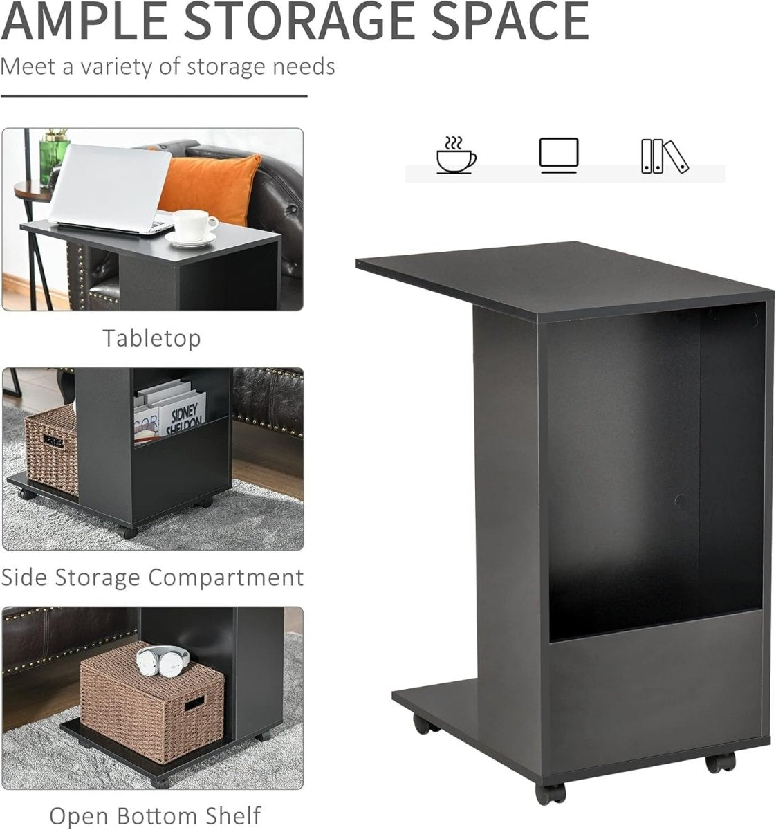 C - Shape Sofa Side Table on Wheels | Mobile Laptop Desk with Storage Shelf - Kwikley
