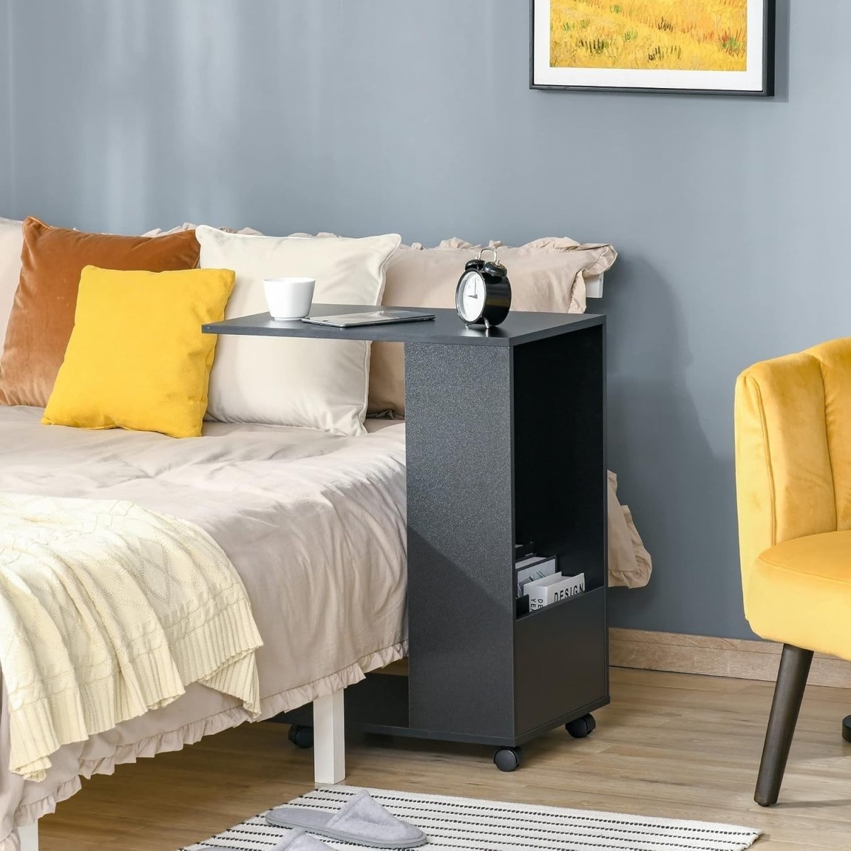 C - Shape Sofa Side Table on Wheels | Mobile Laptop Desk with Storage Shelf - Kwikley