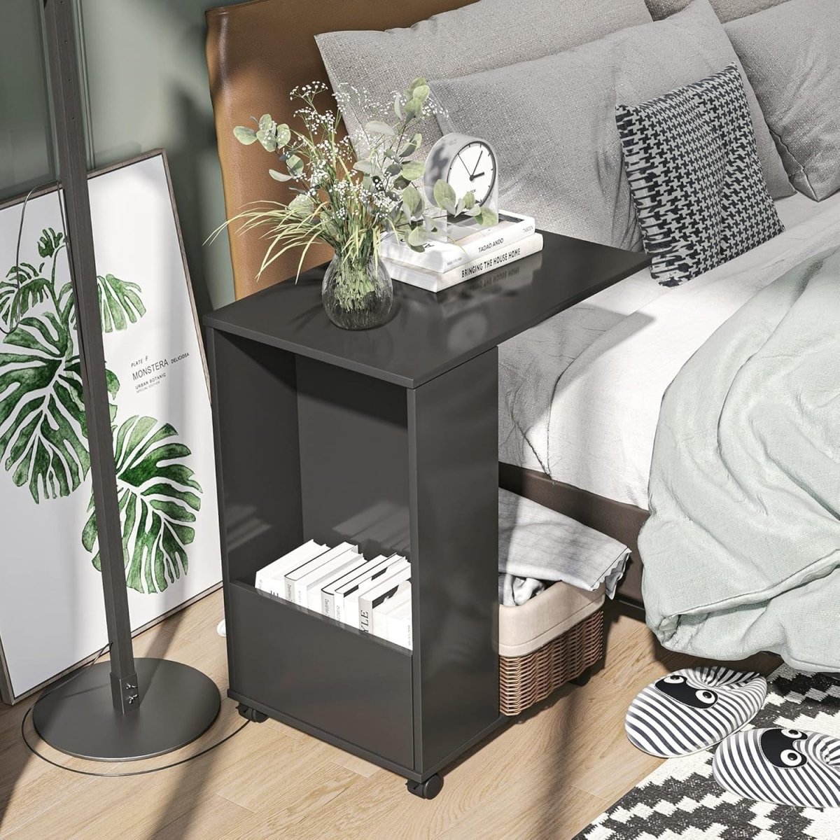 C - Shape Sofa Side Table on Wheels | Mobile Laptop Desk with Storage Shelf - Kwikley