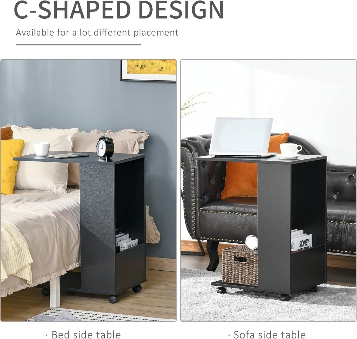C - Shape Sofa Side Table on Wheels | Mobile Laptop Desk with Storage Shelf - Kwikley