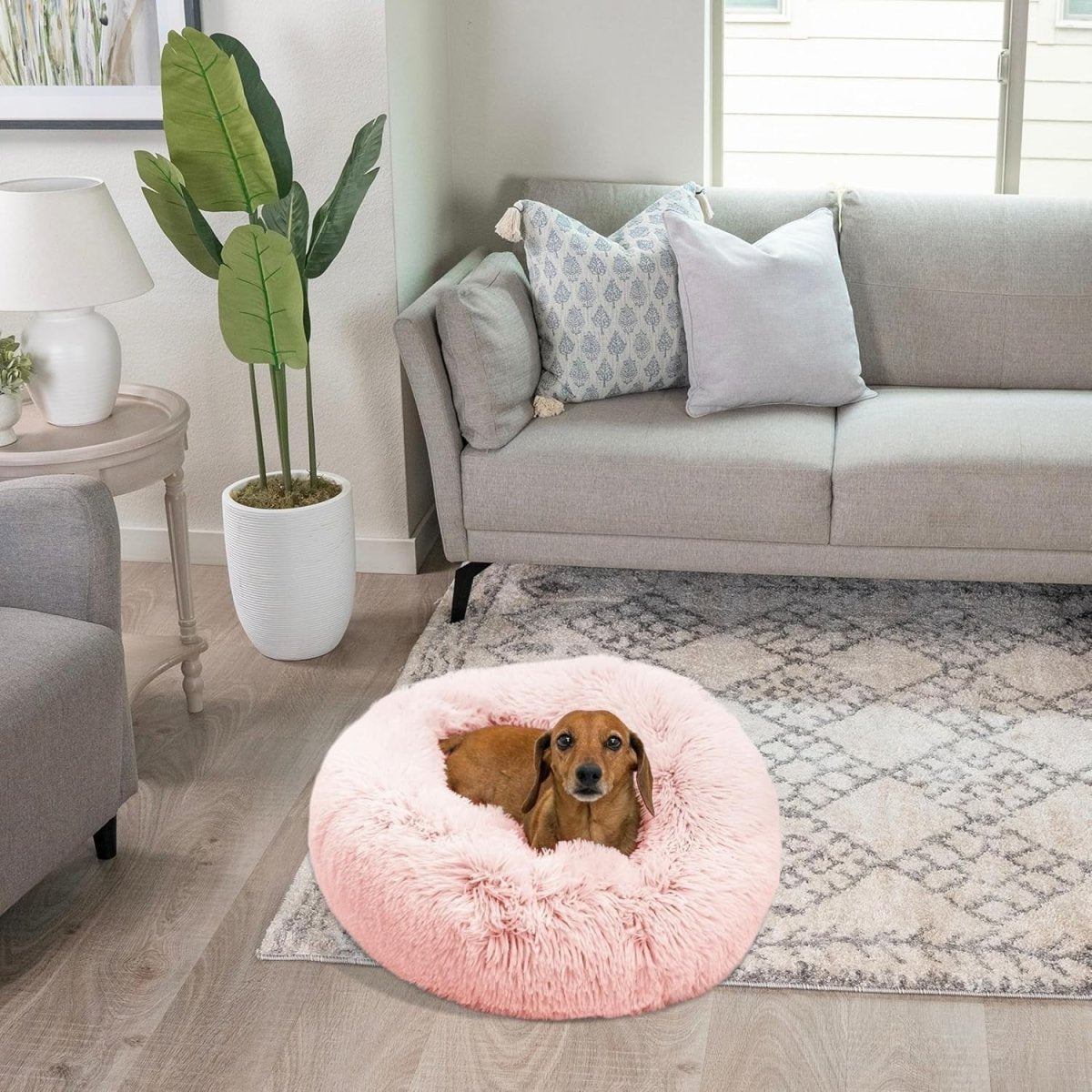 Calming Donut Dog Bed 23x23 Pink Shag Anti Anxiety Small - Kwikley