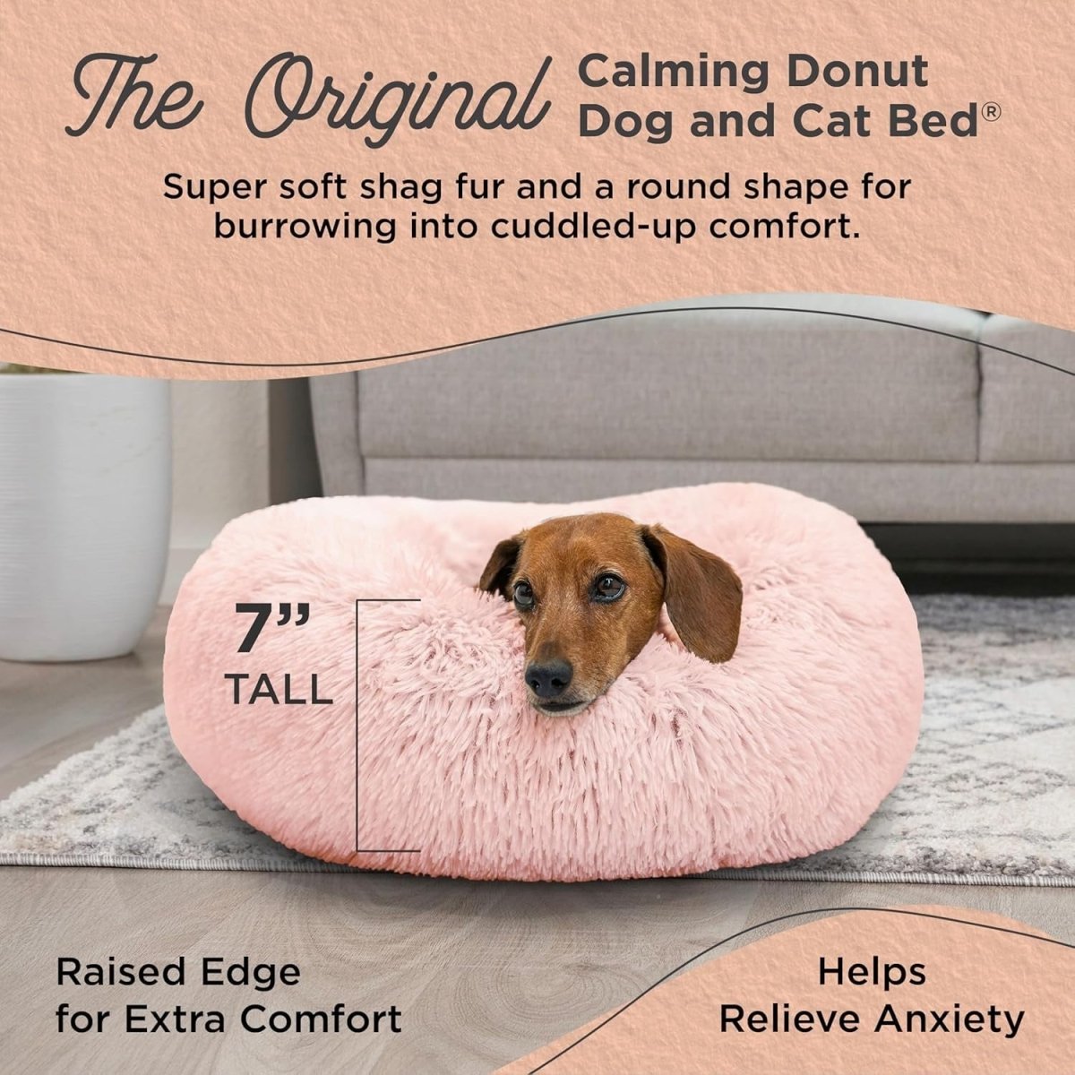 Calming Donut Dog Bed 23x23 Pink Shag Anti Anxiety Small - Kwikley