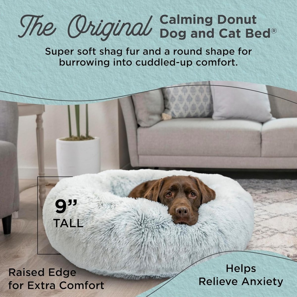 Calming Donut Dog Bed 36x36 Shag Fur Anti Anxiety Large Frost - Kwikley