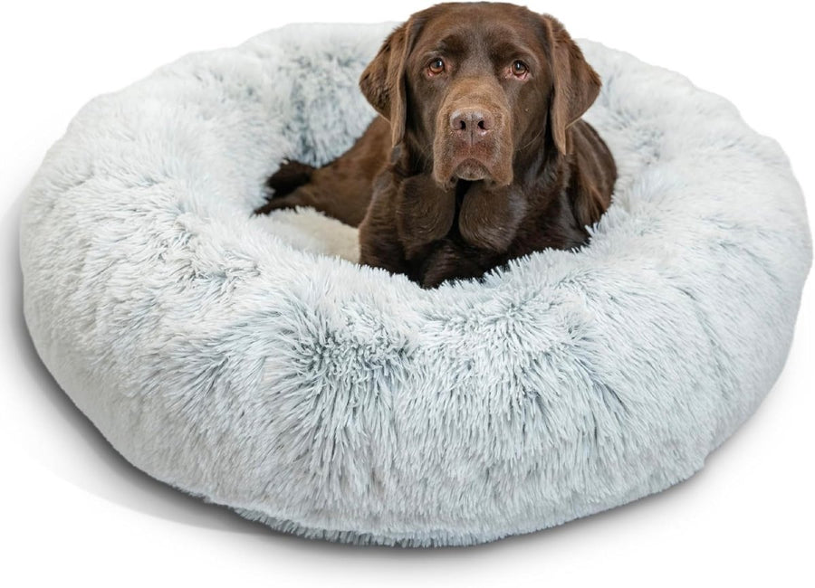 Calming Donut Dog Bed 36x36 Shag Fur Anti Anxiety Large Frost - Kwikley