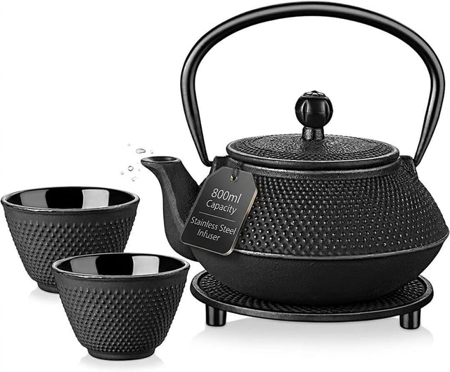 Cast Iron Teapot Set 800ml Japanese Tea Set Infuser Cups Trivet Black