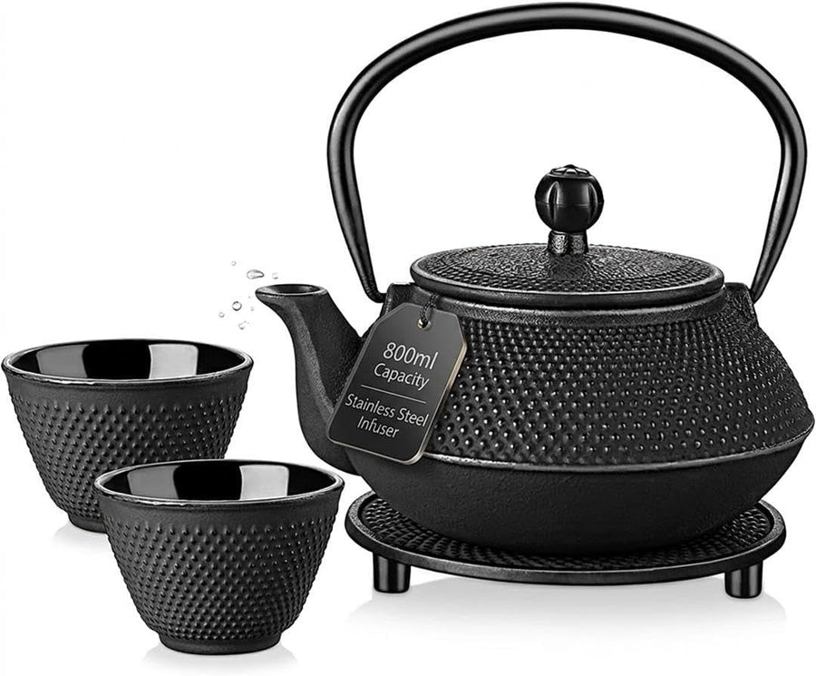 Cast Iron Teapot Set 800ml Japanese Tea Set Infuser Cups Trivet Black - Kwikley