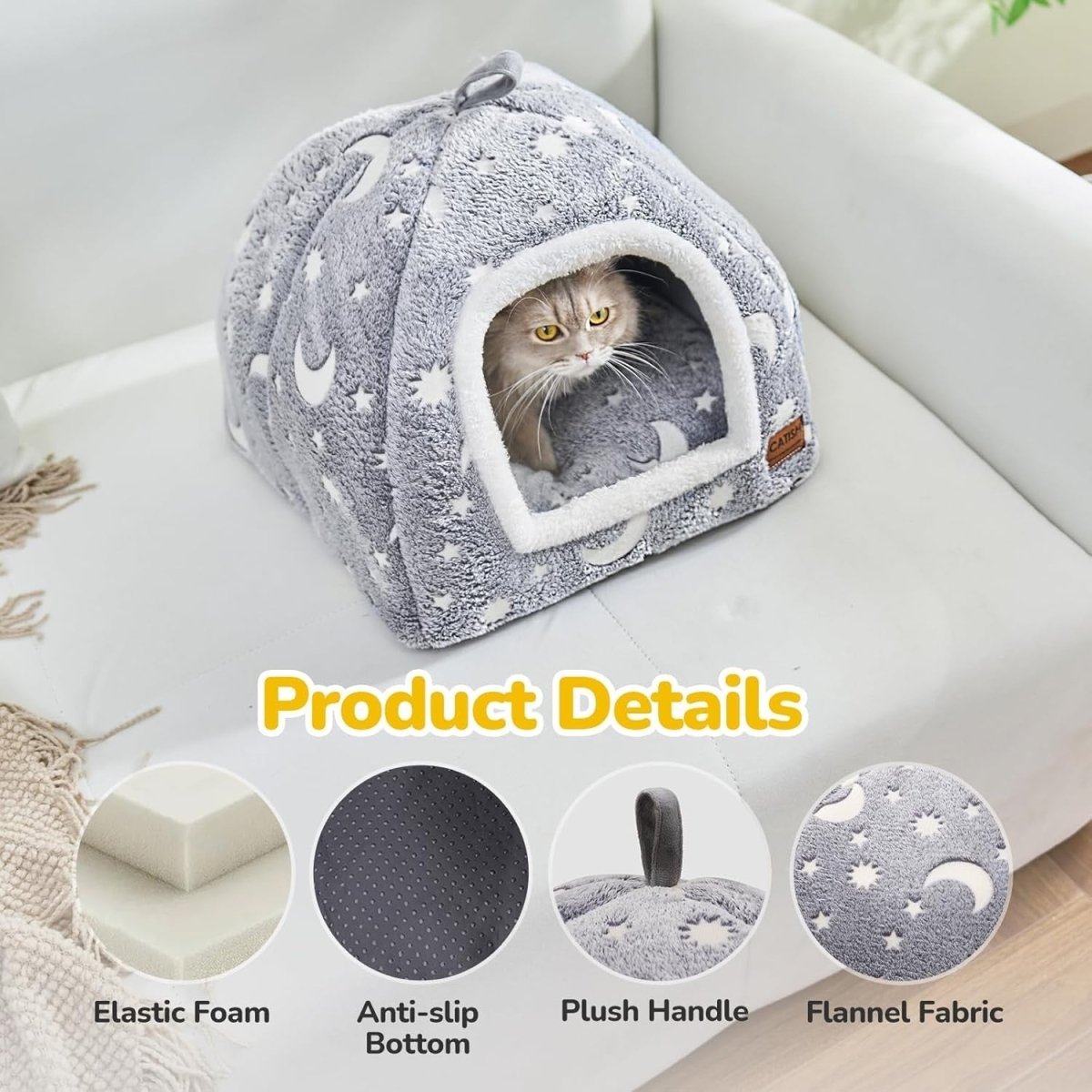 Cat Bed Cave Tent Glow Plush Pet House Washable Cushion 45x45x40cm - Kwikley
