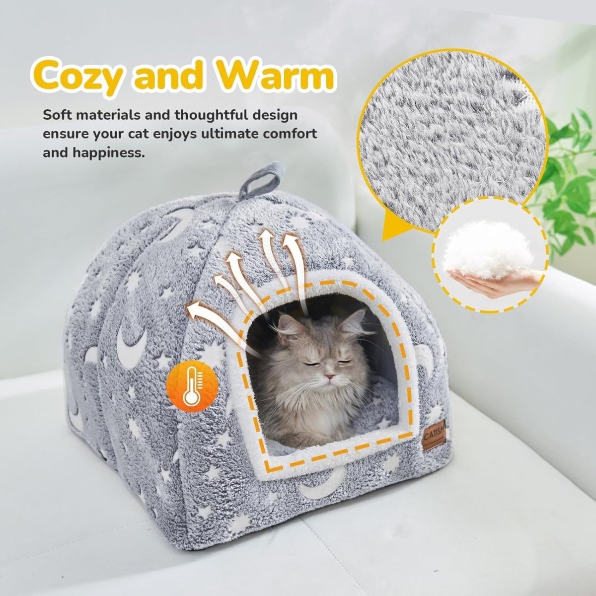 Cat Bed Cave Tent Glow Plush Pet House Washable Cushion 45x45x40cm - Kwikley