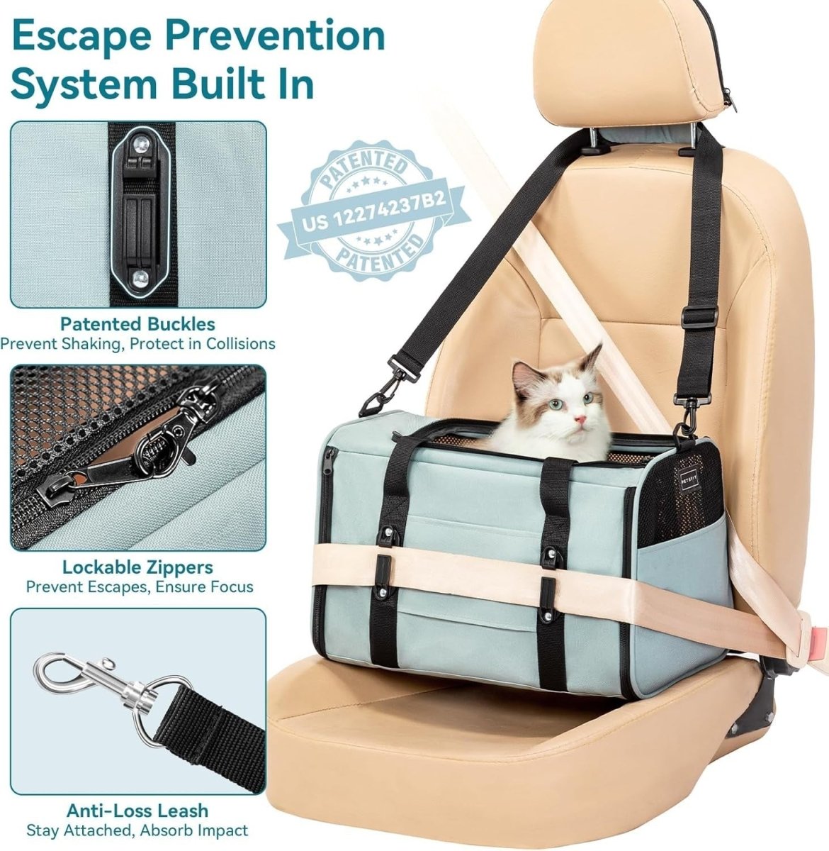 Cat Car Carrier Escape Proof Travel Seat Secure Pet Carrier Green - Kwikley